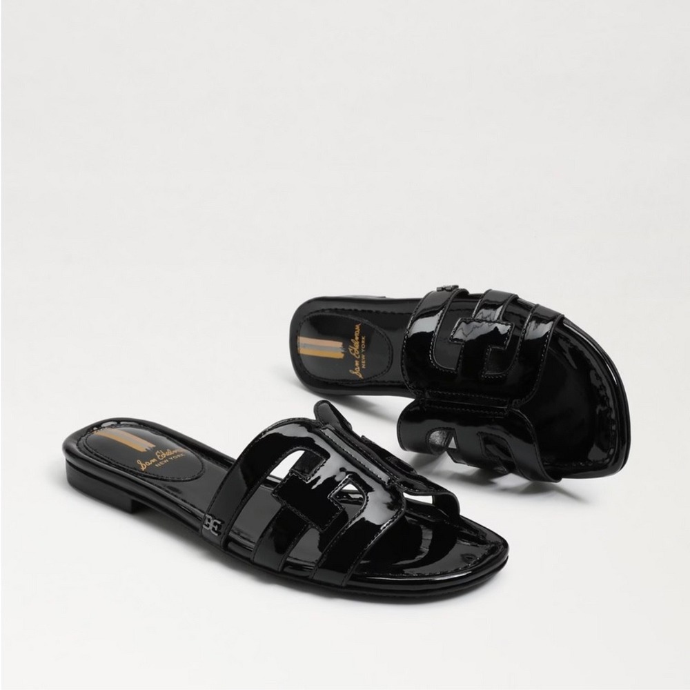 New! Sam Edelman Bay Patent Leather Slide Sandals Black Size 9 - Picture 2 of 3